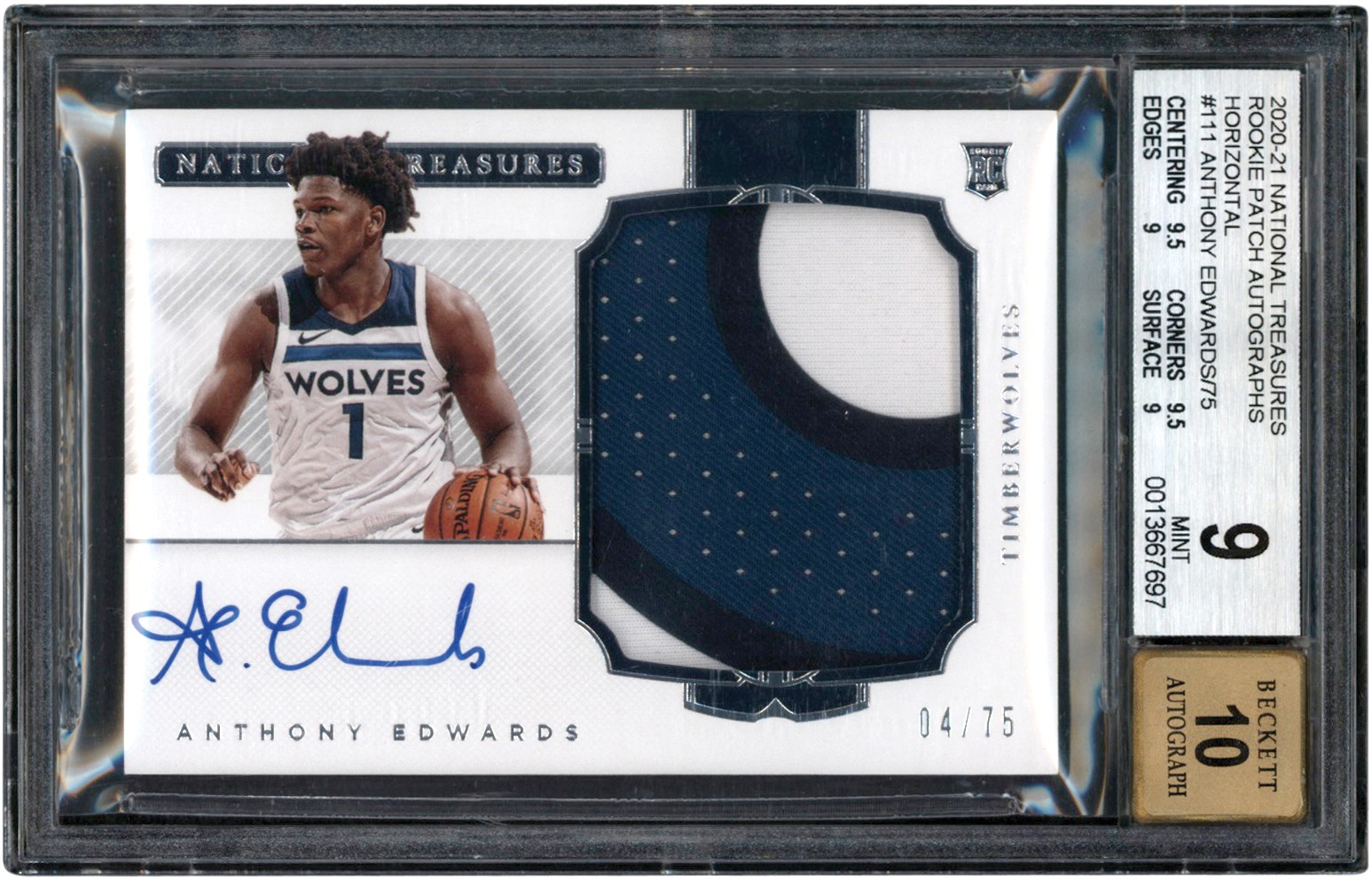 - 2020-2021 National Treasures Basketball Rookie Patch Autographs Horizontal #111 Anthony Edwards Card #4/75 BGS MT 9 Auto 10