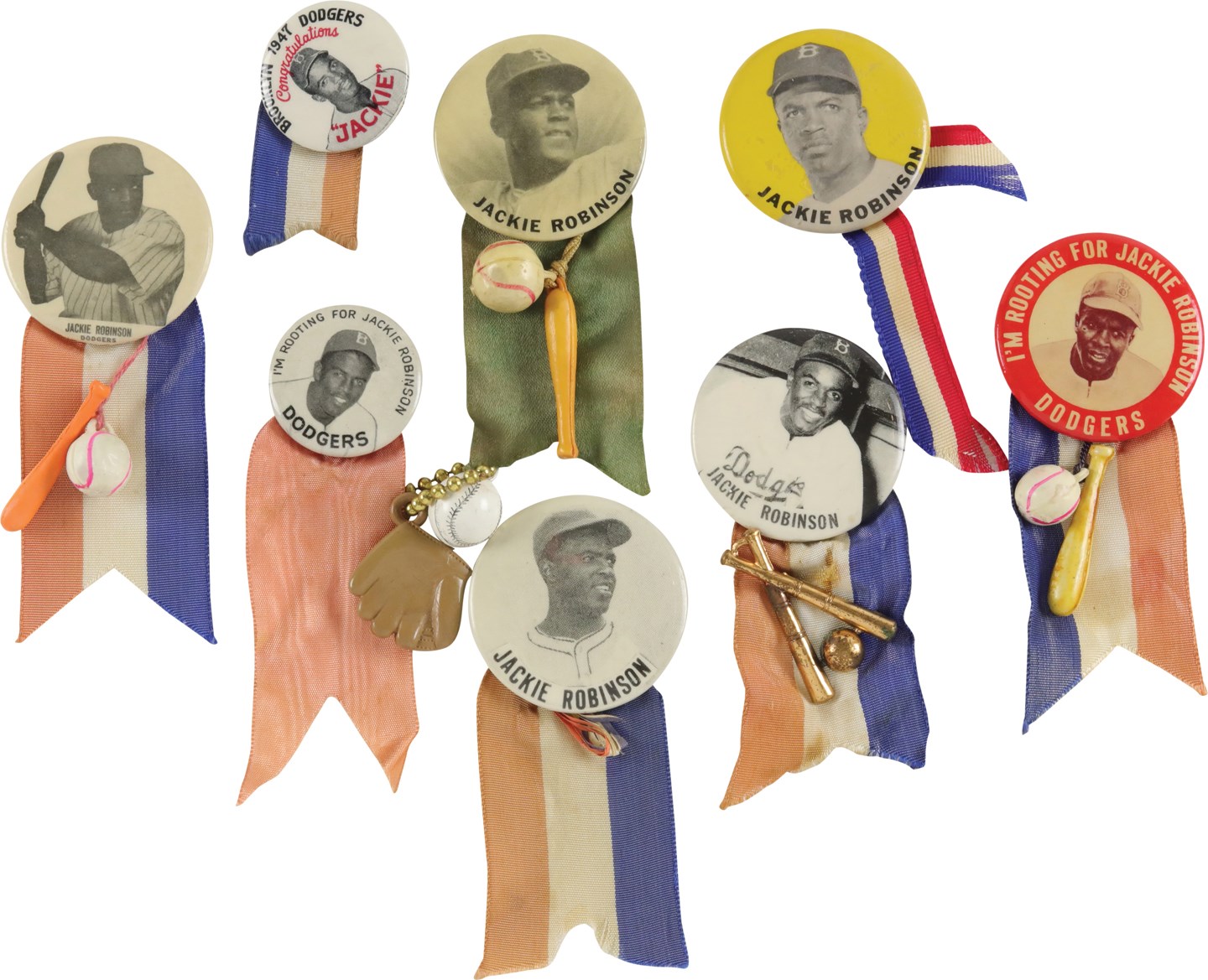 - 1940s & 1950s Jackie Robinson Ribbon-Pin Collection (8)