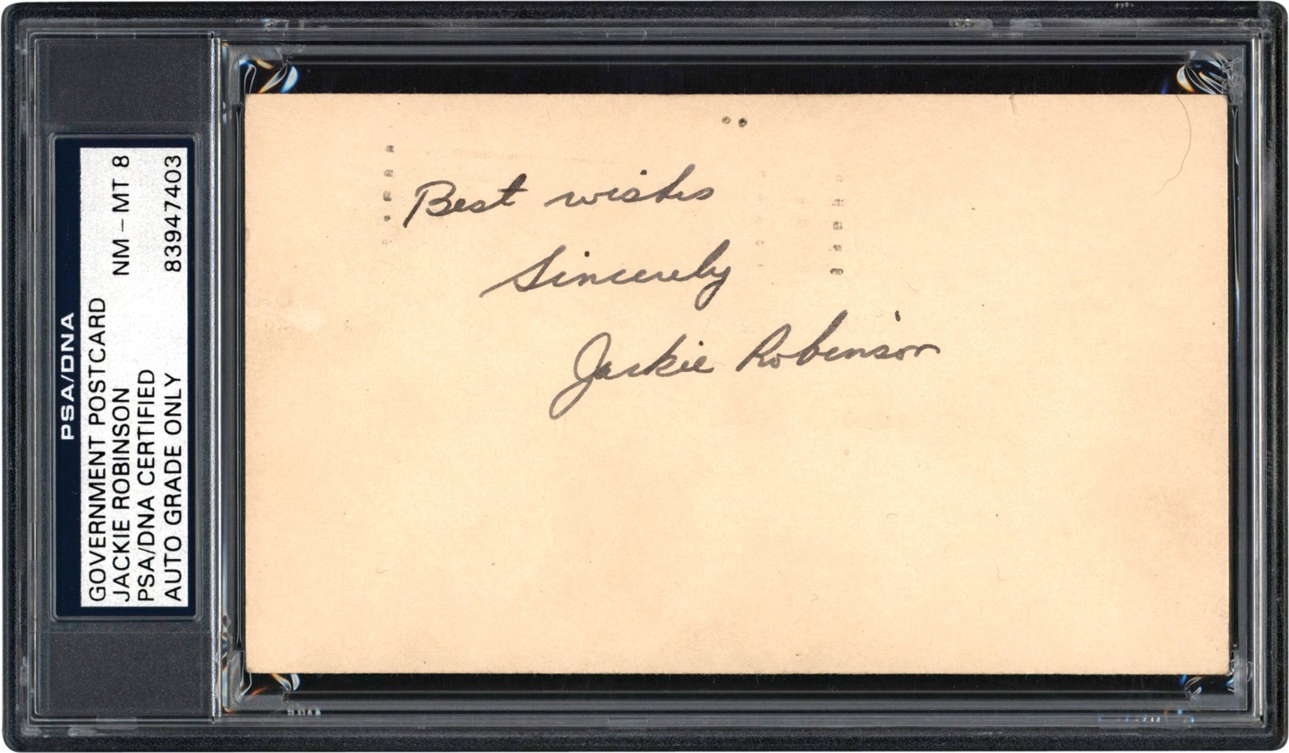 - 1949 Jackie Robinson Signed Government Postcard - MVP Season - PSA NM-MT 8
