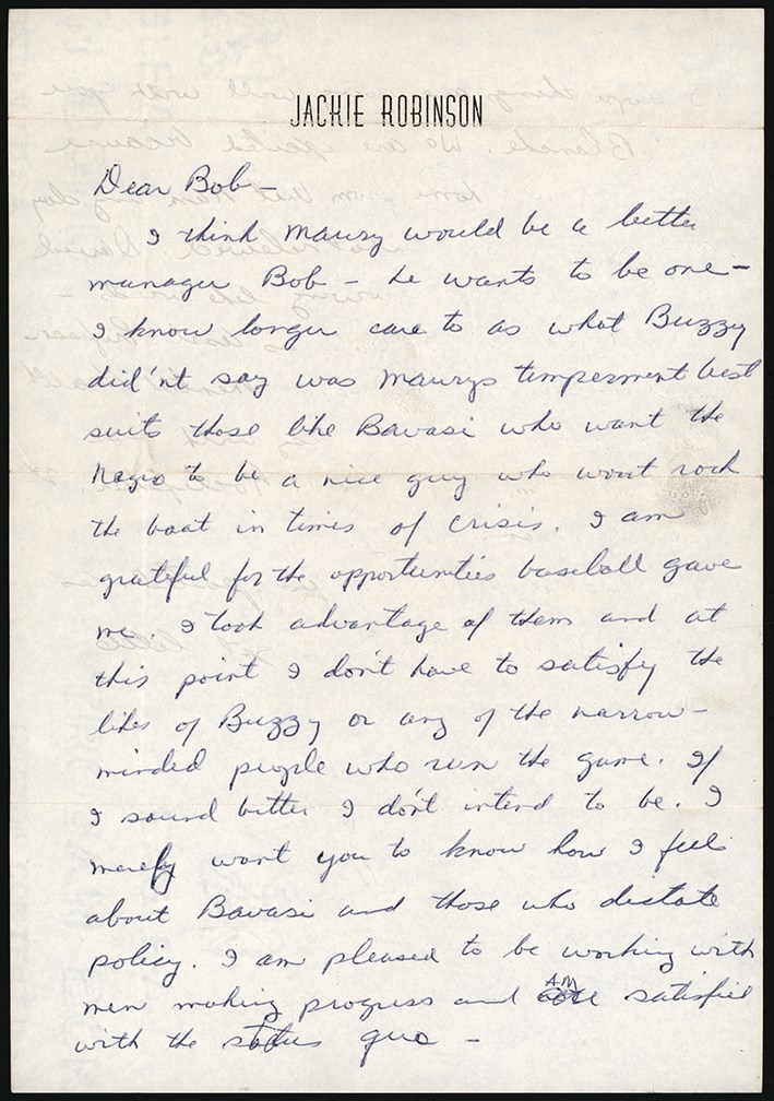 - Circa 1965 Jackie Robinson Handwritten Letter with Buzzy Bavasi Racial Criticism "Those Like Bavasi Who Want the Negro to be a Nice Guy Who Won't Rock the Boat in Times of Crisis" (PSA)