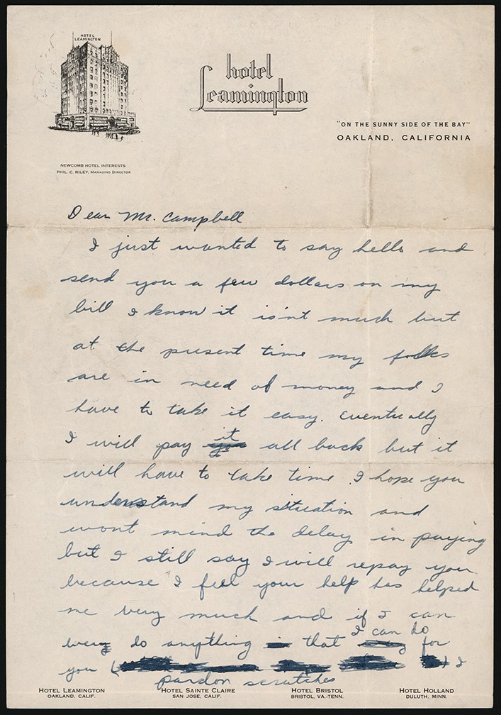- Circa 1941 Jackie Robinson Handwritten Letter with Hardship Content - "My Folks are in Need of Money. . . Eventually I Will Pay It All Back"  (PSA)