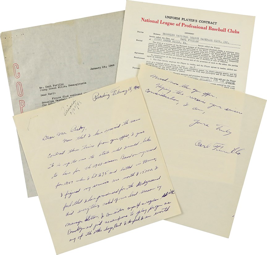 - 1948 Carl Furillo Brooklyn Dodgers Contract and Handwritten Letter to Branch Rickey (PSA)