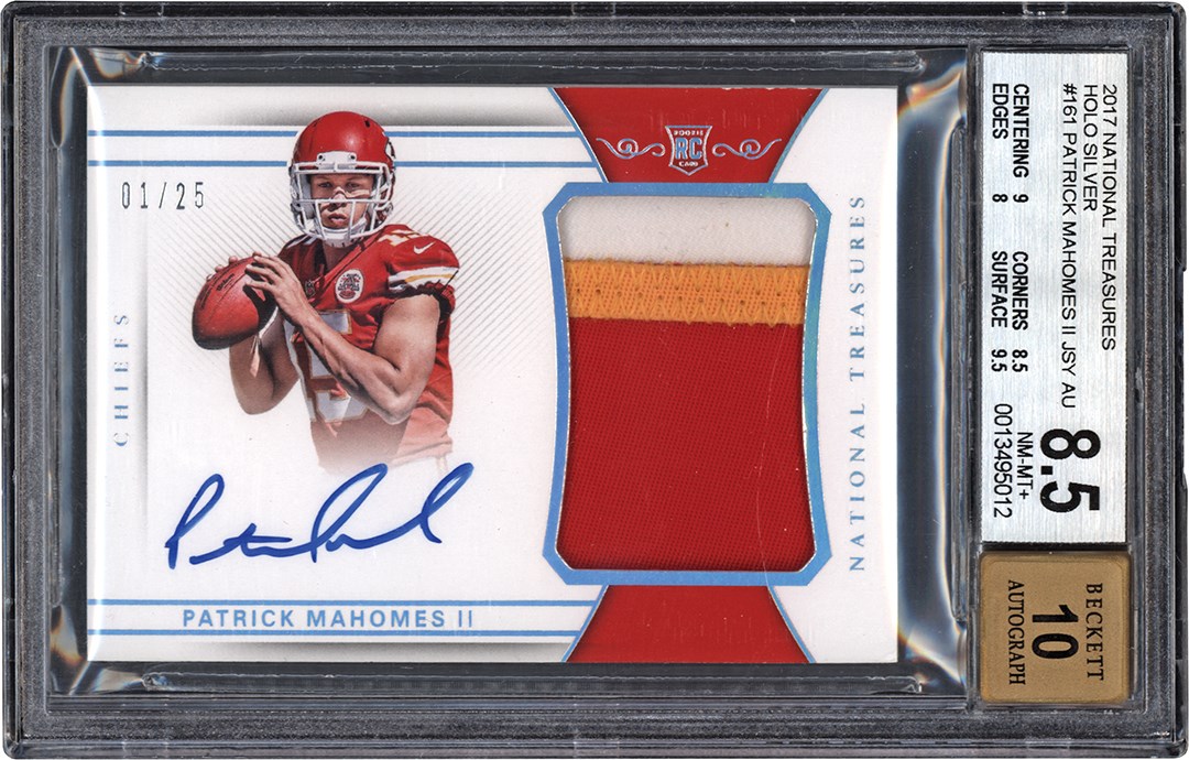 - 17 National Treasures Football Holo Silver #161 Patrick Mahomes RPA Rookie Patch Autograph Card #1/25 BGS NM-MT+ 8.5 Auto 10