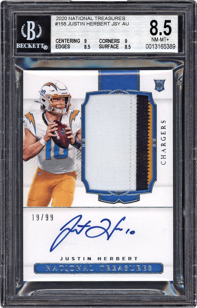 20 National Treasures Football #158 Justin Herbert RPA Rookie Patch Autograph Card #19/99 BGS NM-MT+ 8.5 Auto 10