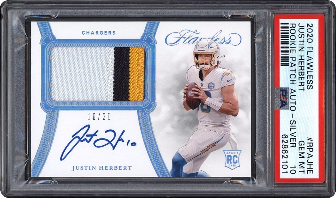 Football Cards - 020 Flawless Football Rookie Patch Autograph Silver #RPA-JHE Justin Herbert Jersey Number Card #10/20 PSA GEM MINT 10 (Pop 1 of 2)