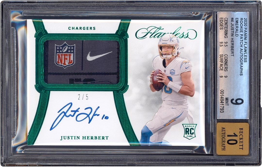 Football Cards - 020 Flawless Emerald #RPA-JHE Justin Herbert RPA Laundry Tag Rookie Patch Autograph #2/5 BGS MINT 9 - Auto 10