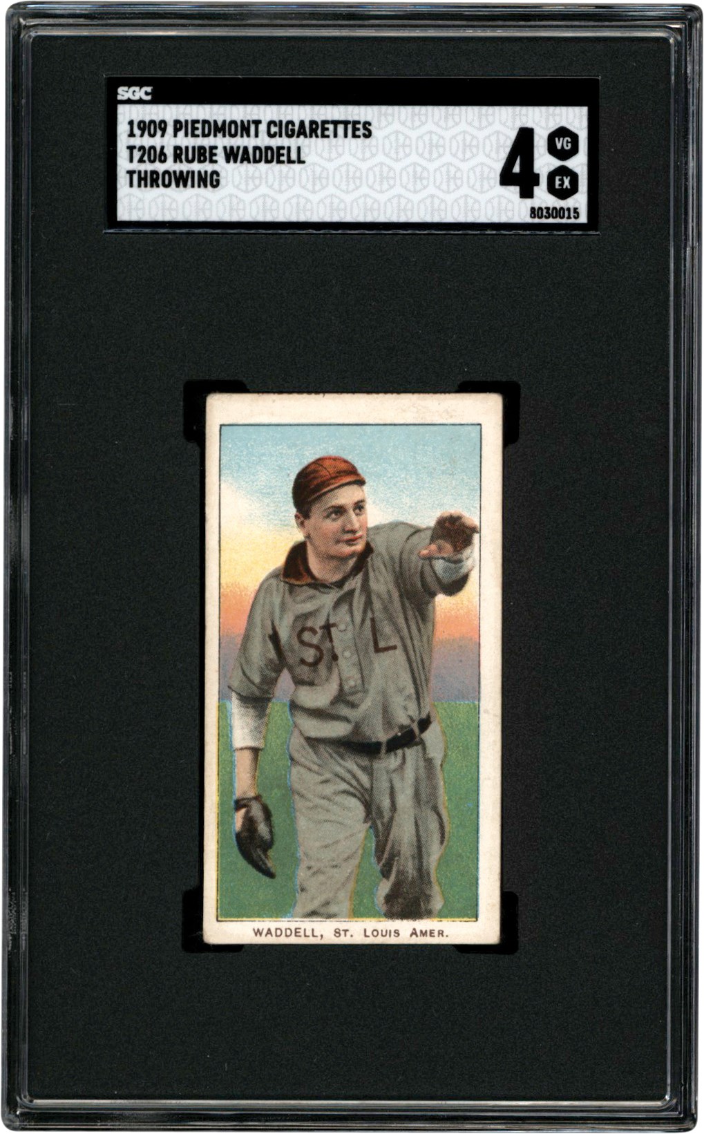 - 909-1911 T206 Rube Waddell Throwing Piedmont 150 Back Card SGC VG-EX 4