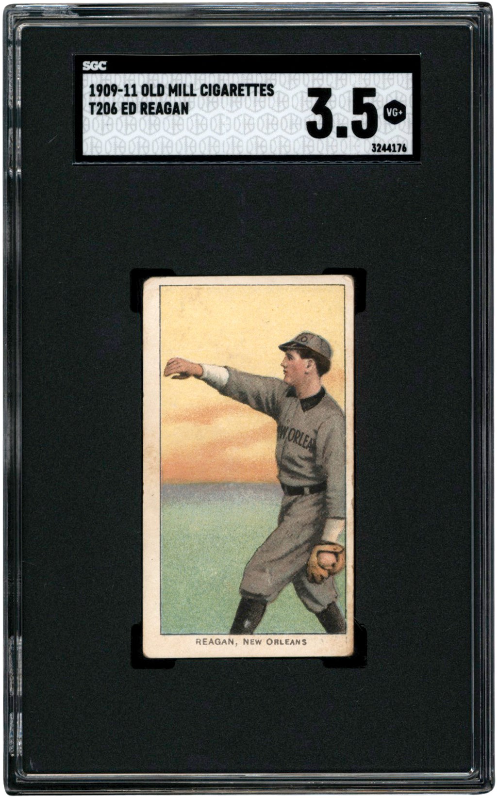 - 909-1911 T206 Ed Reagan Old Mill Back Card SGC VG+ 3.5 Southern Leaguer