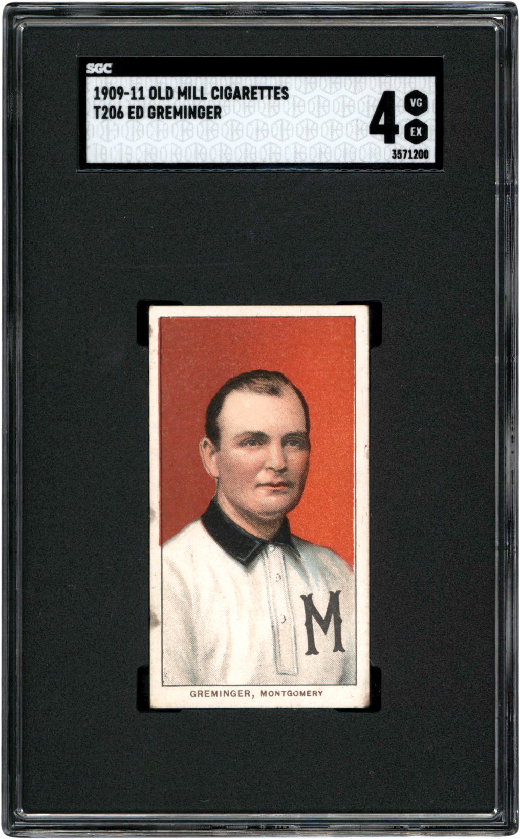 - 909-1911 T206 Ed Greminger Old Mill Back Card SGC VG-EX 4 Southern Leaguer