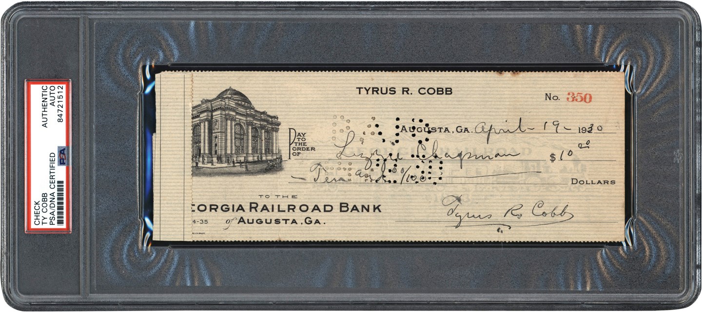 - 1930 Ty Cobb Signed Check with Stub (PSA)