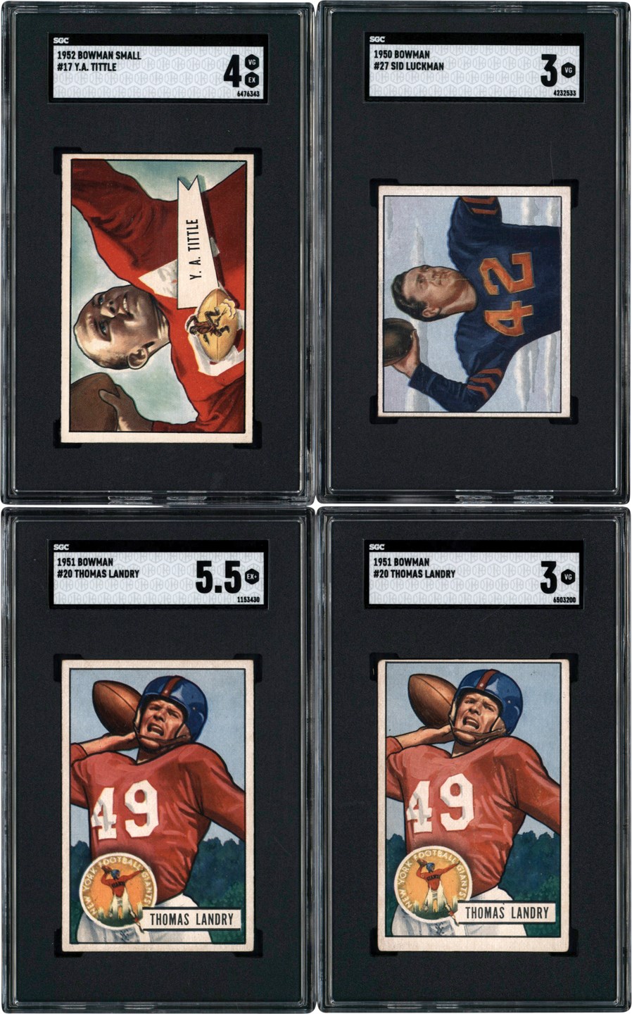 - 1950-1952 Bowman Football SGC Hall Of Fame Collection (4) w/Luckman, Landry, and Tittle