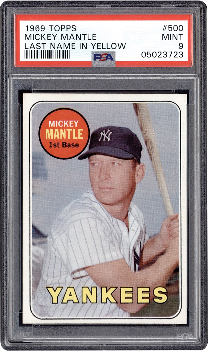Baseball and Trading Cards - 969 Topps #500 Mickey Mantle (Yellow Letters) PSA MINT 9