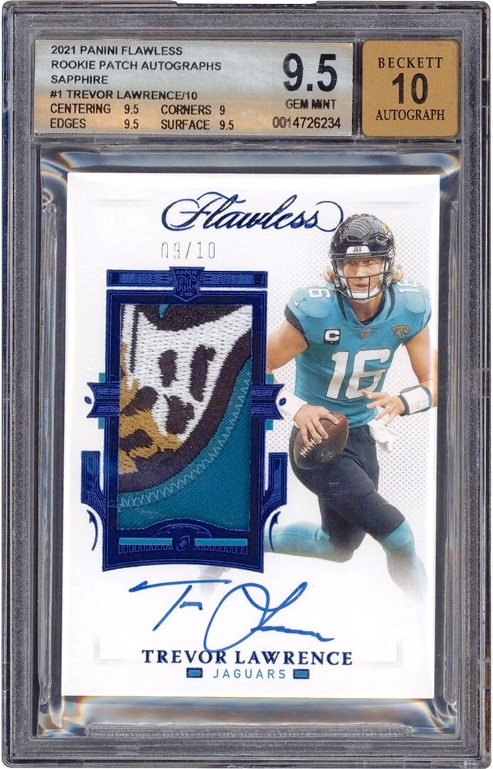 021 Flawless Rookie Patch Autographs Sapphire #1 Trevor Lawrence RPA Signed Patch Card #09/10 BGS GEM MINT 9.5 - Auto 10 (Pop 1 of 1 Highest Graded!)