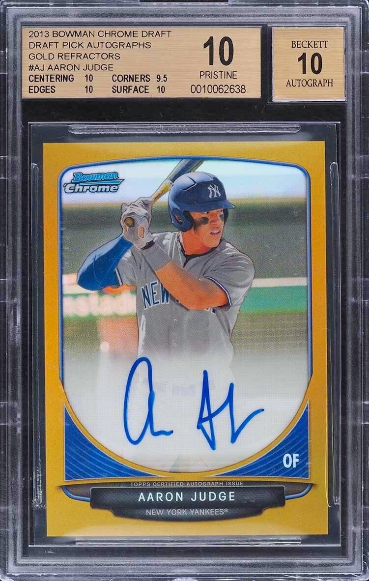 Baseball and Trading Cards - 13 Bowman Chrome Draft Pick Autographs Gold Refractor #AJ Aaron Judge Rookie Autograph #01/50 BGS PRISTINE 10 - Auto 10 (Pop 1 of 3)