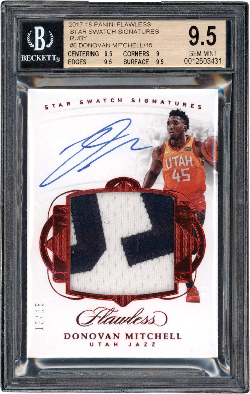 Basketball Cards - 2017-2018 Panini Flawless Basketball Star Swatch Signatures Ruby #6 Donovan Mitchell Game Used RPA Card #13/15 BGS GEM MINT 9.5 Auto 10