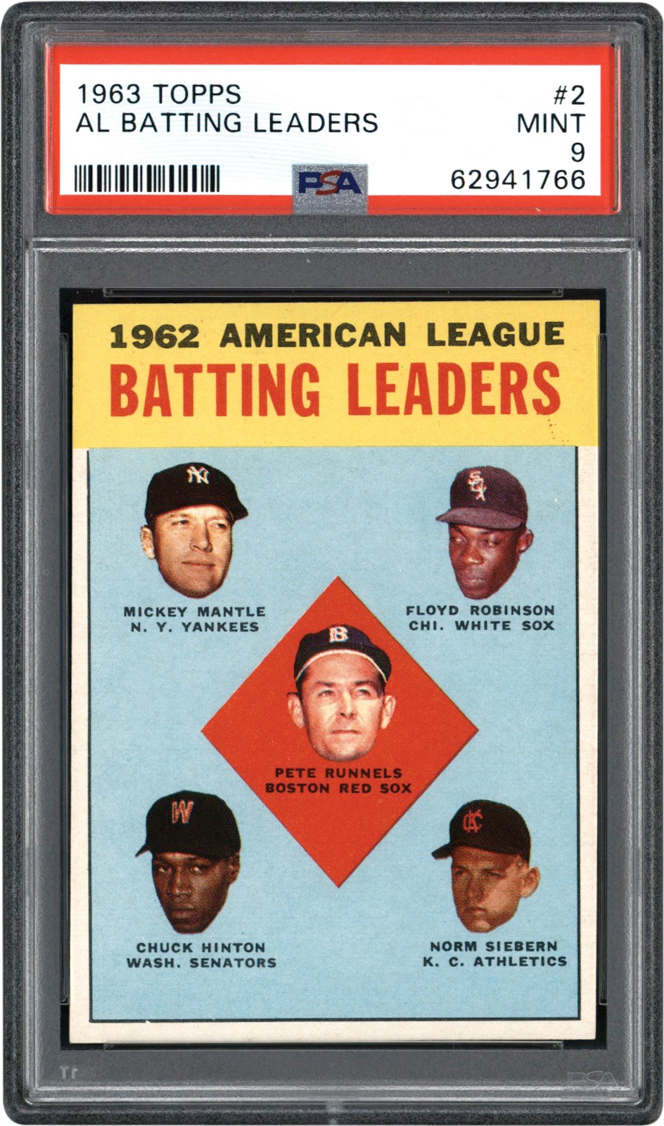 - 1963 Topps #2 American League Batting Leaders PSA MINT 9 w/Mickey  Mantle