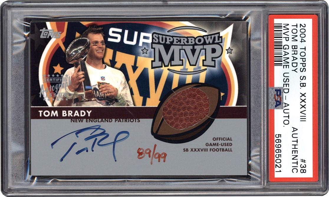 - 004 Topps Super Bowl XXXVIII MVP #38 Tom Brady Game Used Football Autograph #89/99 PSA Authentic