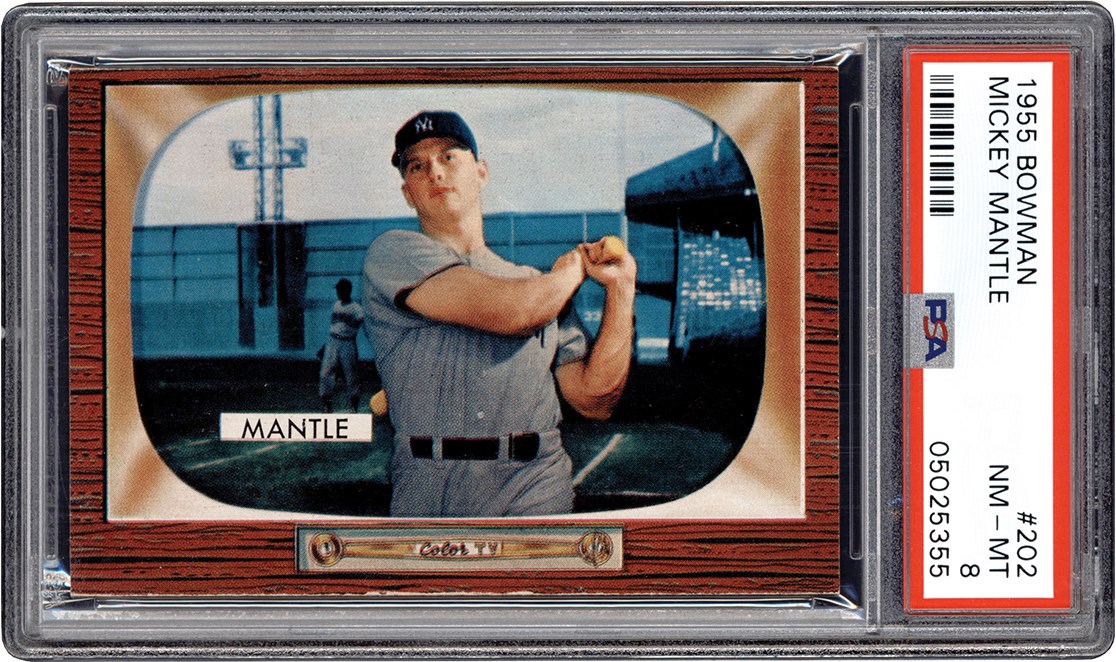 Baseball and Trading Cards - 955 Bowman #202 Mickey Mantle PSA NM-MT 8