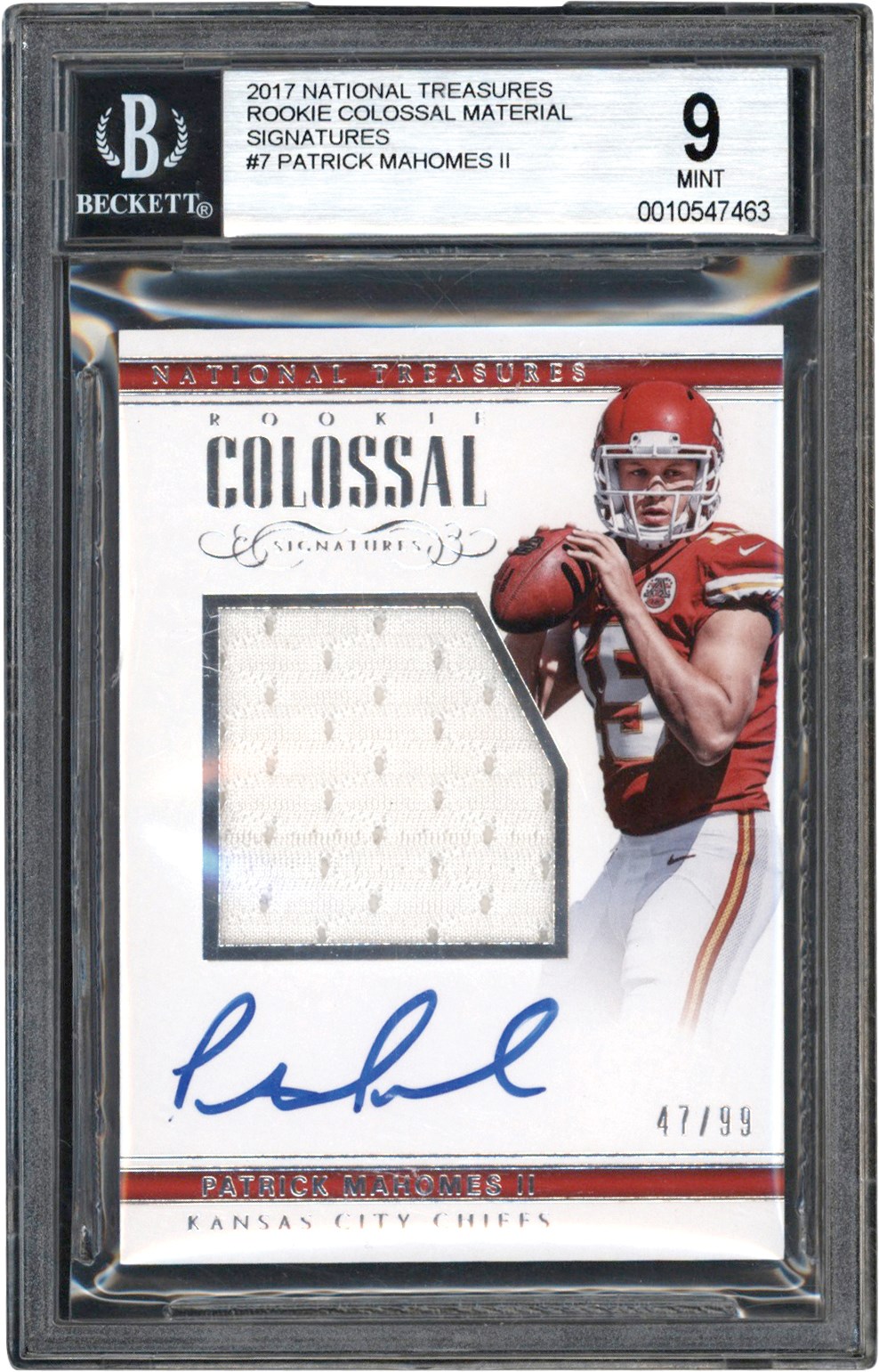 - 2017 National Treasures Football Rookie Colossal Material Signatures #7 Patrick Mahomes Autograph Jersey Card #47/99 BGS MINT 9 Auto 10