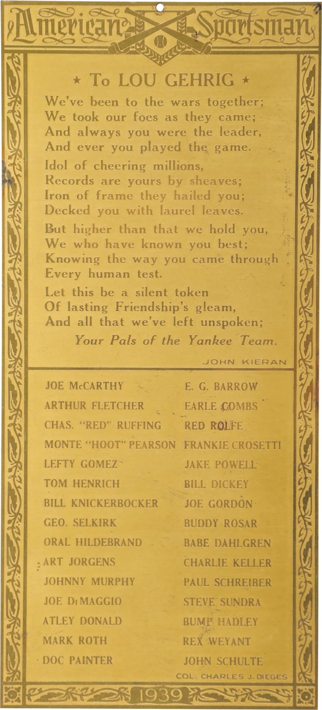 Baseball Memorabilia - 1939 Lou Gehrig Day Commemorative Plaque