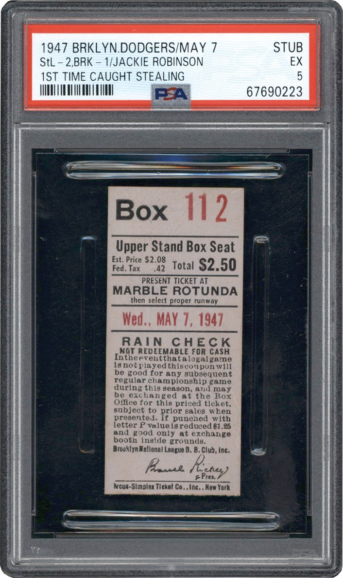 - 1947 Jackie Robinson First Time Caught Stealing Rookie Brooklyn Dodgers Ticket Stub PSA EX 5 (Pop 1 of 1 Highest Graded)