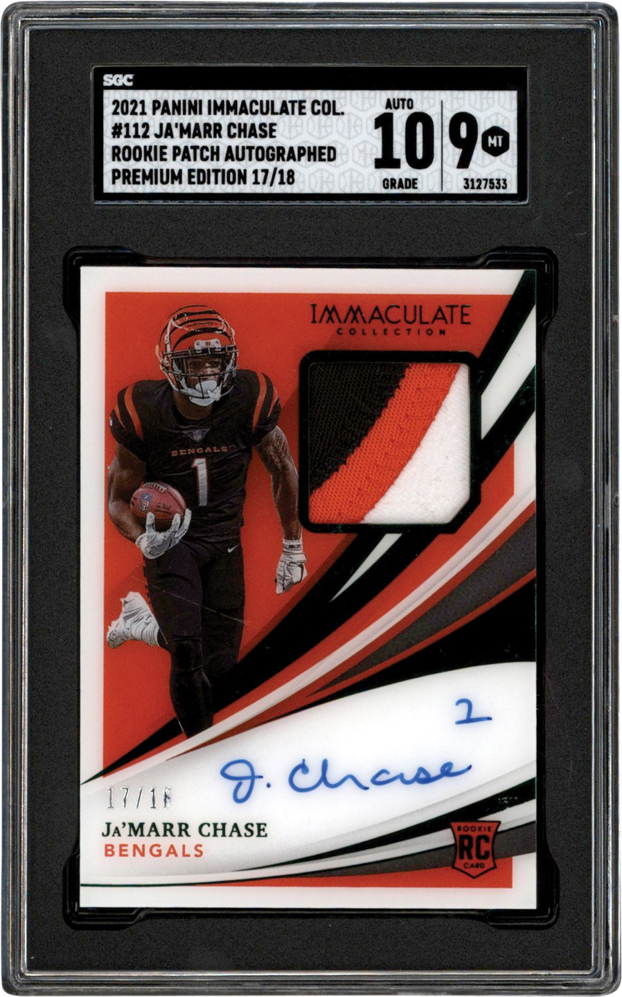 - 2021 Panini Immaculate Collection Football #112 Ja'Marr Chase RPA Premium Edition Card #17/18 SGC MT 9 Auto 10