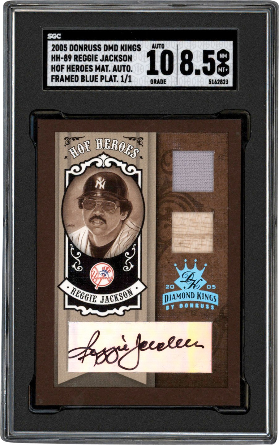 - 2005 Donruss Diamond Kings Baseball #HH-89 Reggie Jackson HOF Heroes Auto Framed Blue Platinum Card #1/1 SGC NM-MT+ 8.5 Auto 10