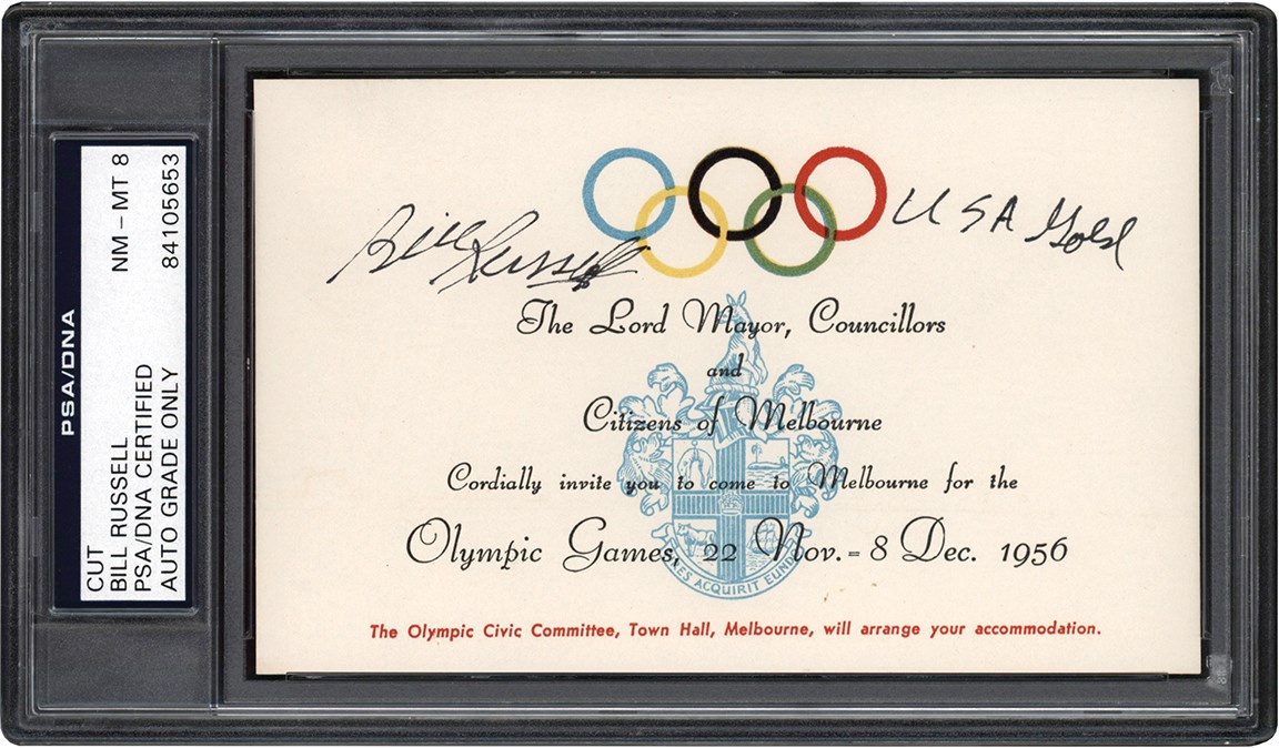 - Bill Russell Signed 1956 Olympic Games Invitation PSA NM-MT 8