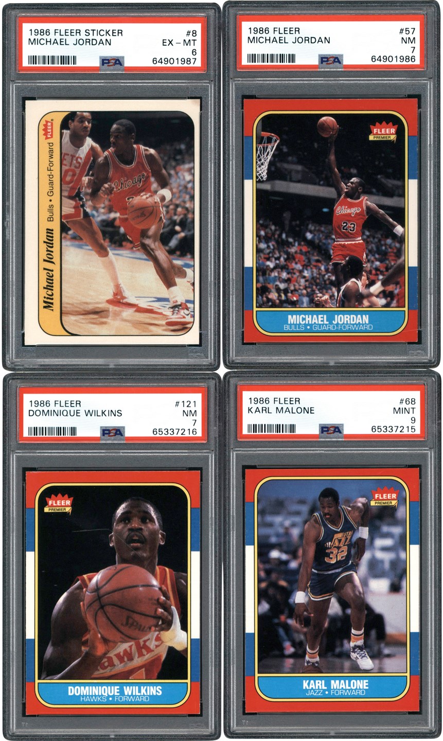 Basketball Cards - 1986-1987 Fleer Basketball Complete Set & Stickers (143) w/PSA 7 Michael Jordan Rookie Card