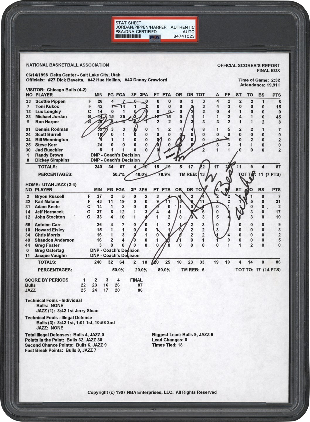 - 1998 NBA Finals Game 6 "Last Dance" Official Scorer's Report Signed by Michael Jordan, Scottie Pippen, & Ron Harper (Bulls Announcer Neil Funk Collection)
