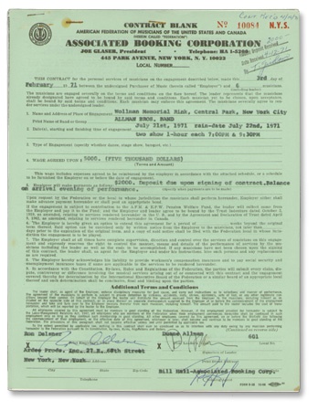 Allman Brothers Contract Signed by Duane Allman