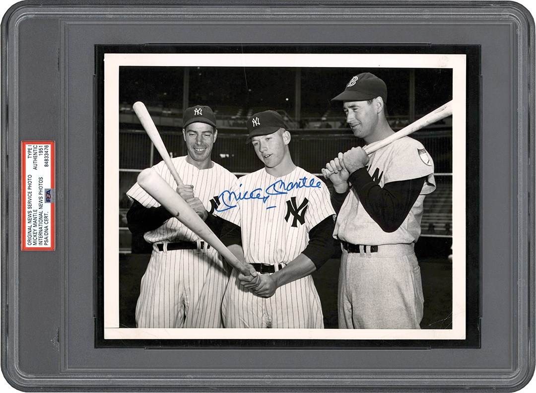 Vintage Sports Photographs - 1951 Mickey Mantle Major League Debut Photograph with Joe DiMaggio & Ted Williams - Signed by Mantle (PSA Type I)