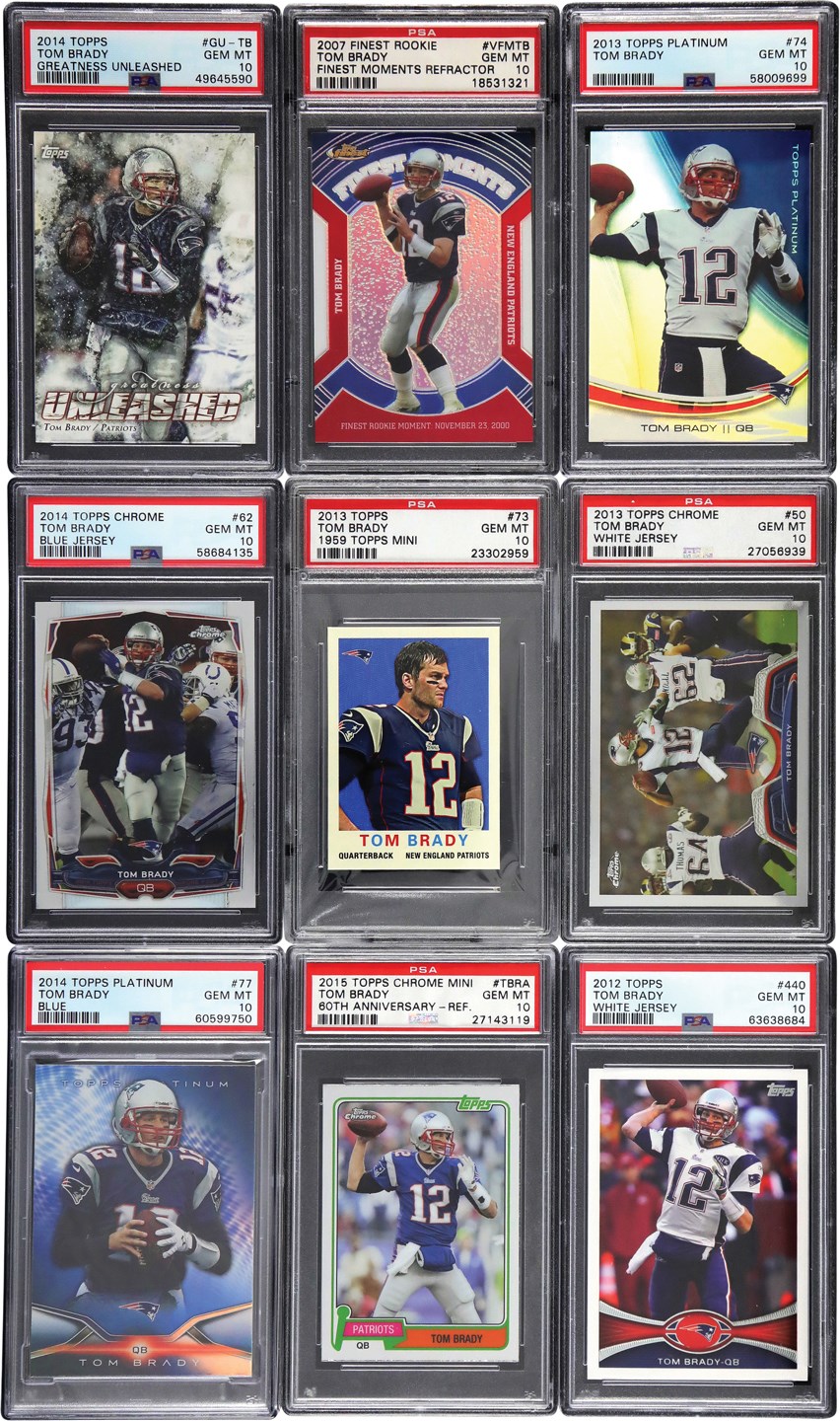 - 2004-2015 Topps Football Tom Brady PSA GEM MINT 10 Card Collection with Finest Refractor and Pop 1 Insert (18)