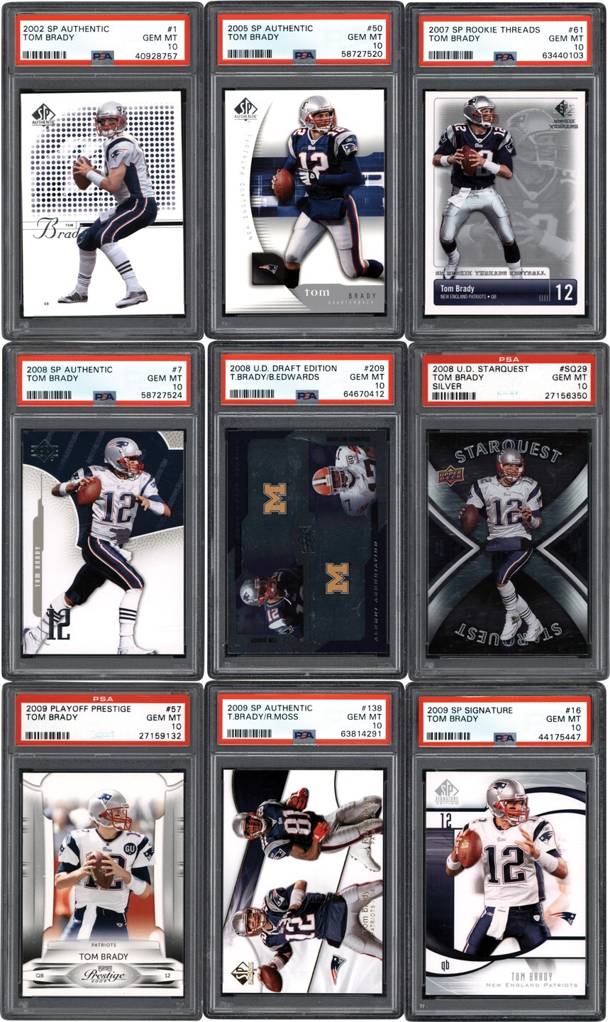 - 2002-2009 Upper Deck, Playoff, & SP Tom Brady PSA GEM MINT 10 Card Collection with Pop 1 Insert (13)