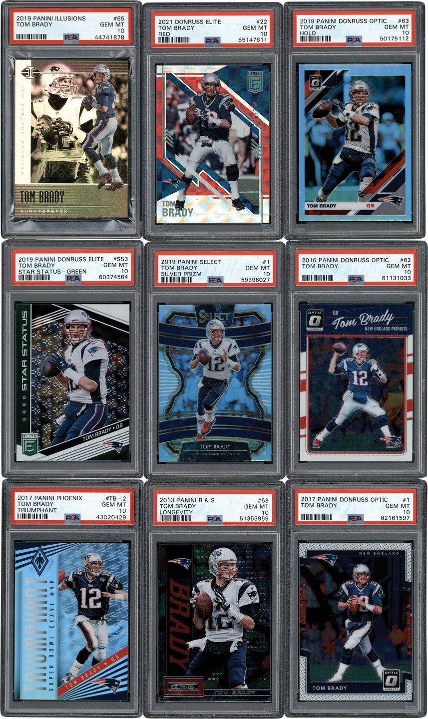 - 2012-2021 Panini Tom Brady PSA GEM MINT 10 Card Collection with Select Silver Prizm and Inserts (32)