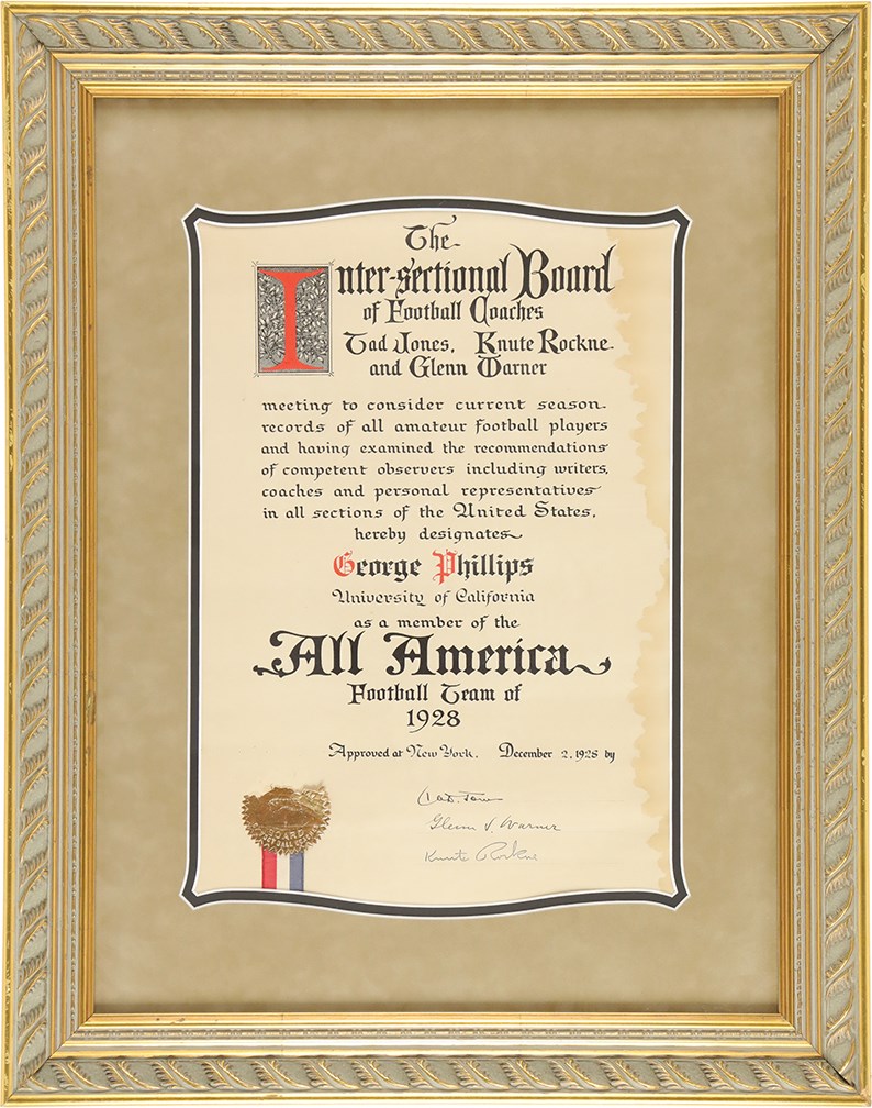 - 1928 Knute Rockne and Pop Warner Signed All American Designation Certificate (Beckett LOA)