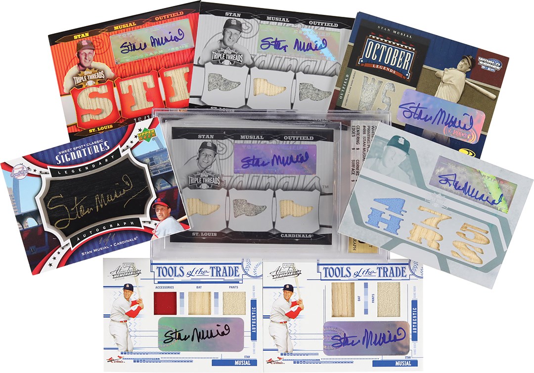 - 2004-2008 Stan Musial Autograph & Game Used Memorabilia Insert Card Collection with Four 1/1 (8)