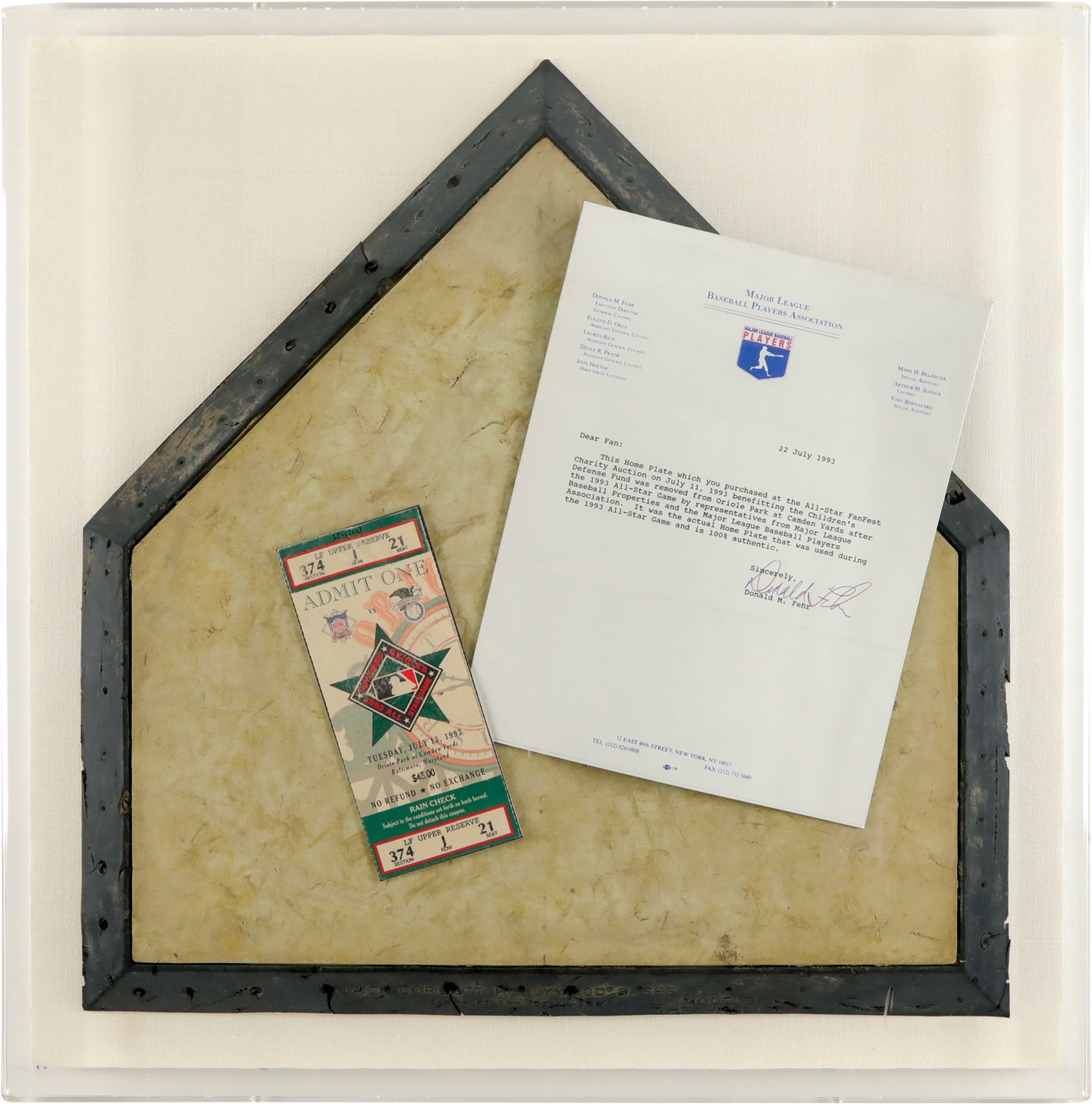 Baseball Memorabilia - 1993 Major League All-Star Game Home Plate from Camden Yards (MLB Letter)