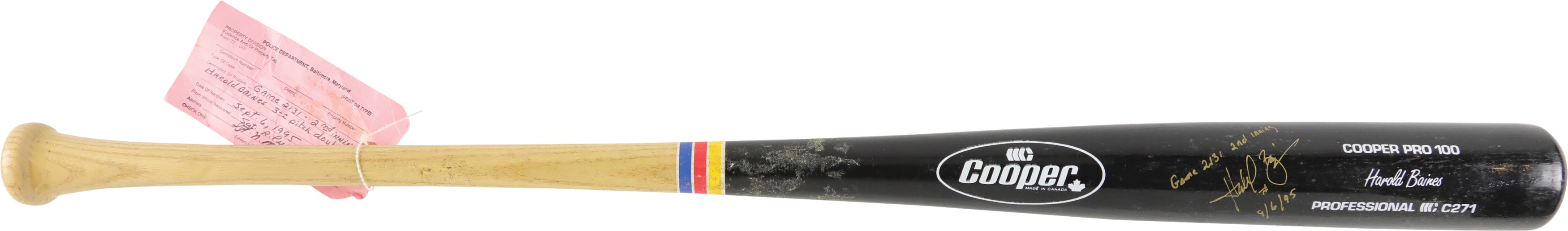 - September 6, 1995, Harold Baines Signed Game Used Bat from Cal Ripken's Record Breaking Game - Inscribed "Game 2131 2nd Inning"