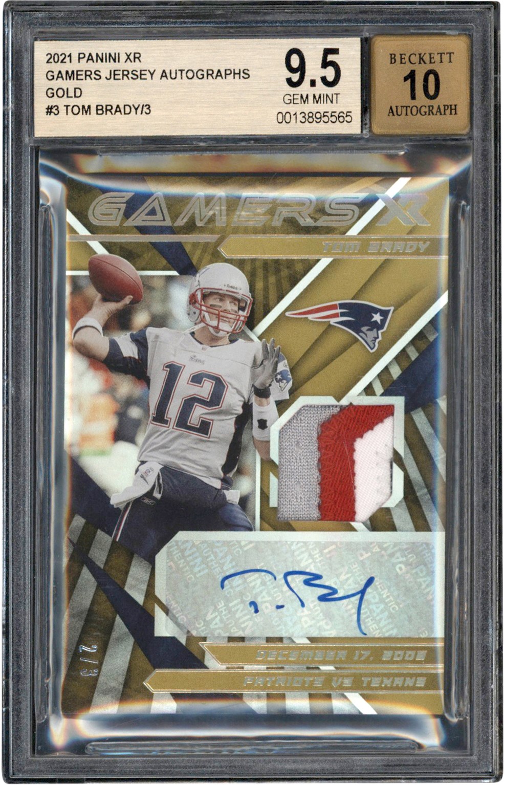 - 2021 Panini XR Football Gamers Jersey Autograph Gold #3 Tom Brady 12/17/06 Game Used Patch #2/3 BGS GEM MINT 9.5 Auto 10 (Pop 1 of 1 Highest Graded)