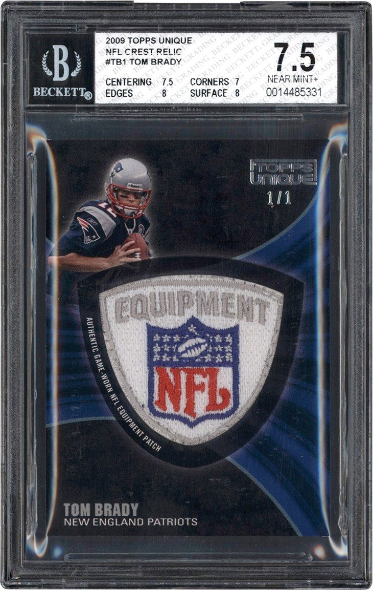 - 009 Topps Unique Football NFL Crest #TB1 Tom Brady Game Used NFL Shield Logo Patch Card #1/1 BGS NM+ 7.5