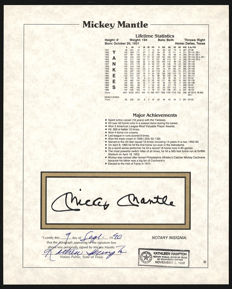 Baseball Autographs - 1990 Mickey Mantle Signed Stat Sheet Collection PSA (10)