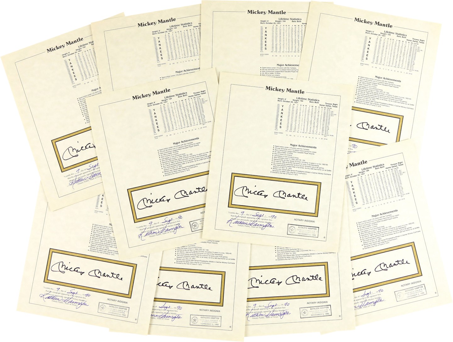 Signed Mickey Mantle Notarized Stat Sheets (10)