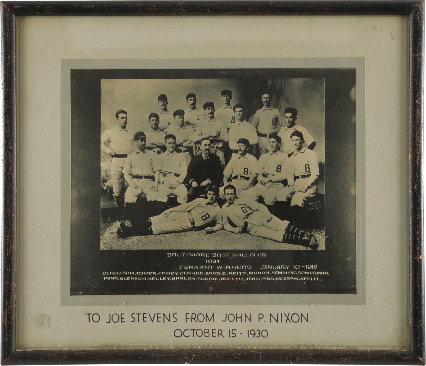 - 1894 Baltimore Baseball Club Vintage Team Photograph Presented to Joe Stevens