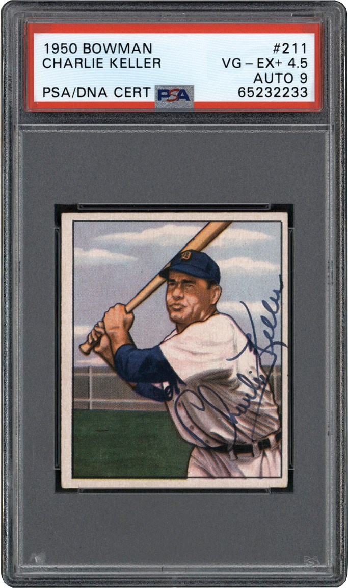 - 950 Bowman Baseball #211 Charlie Keller Autographed Card PSA VG-EX+ 4.5 Auto 9