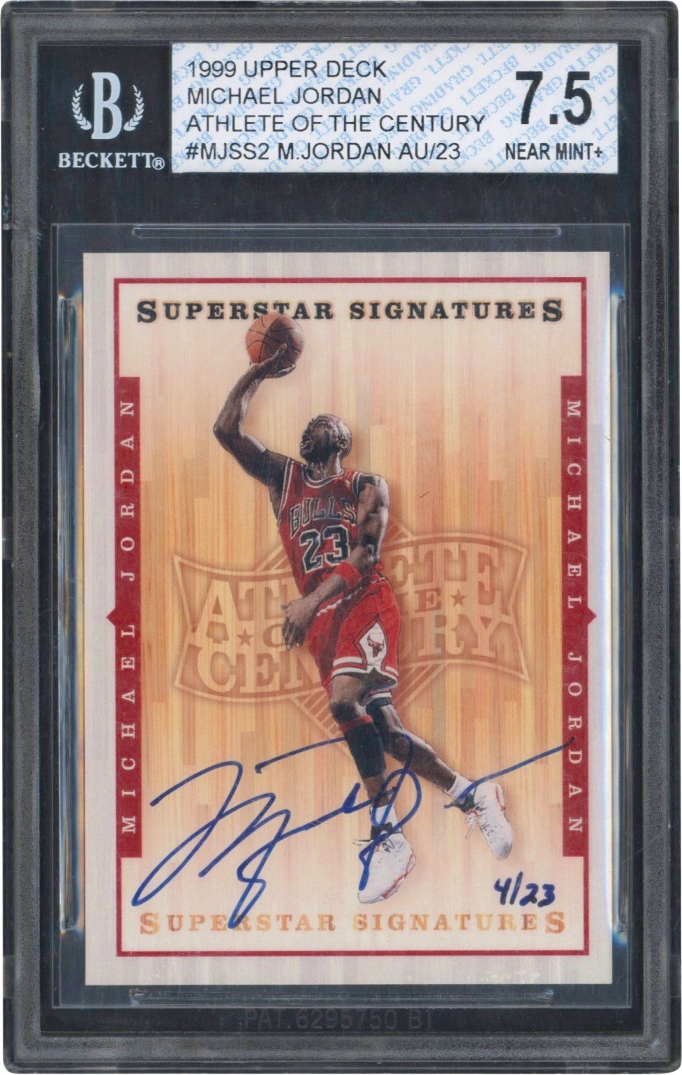 - 1999 Upper Deck Athlete of the Century Superstar Signatures #MJSS2 Michael Jordan Autograph Card #4/23 BGS NM+ 7.5