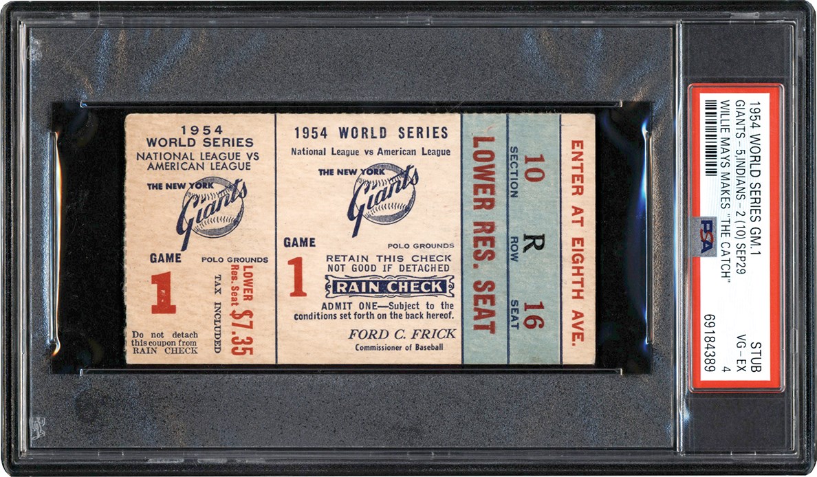 - 1954 World Series Ticket Stub Game 1 - Willie Mays "The Catch" Game PSA VG-EX 4 (Highest Graded)