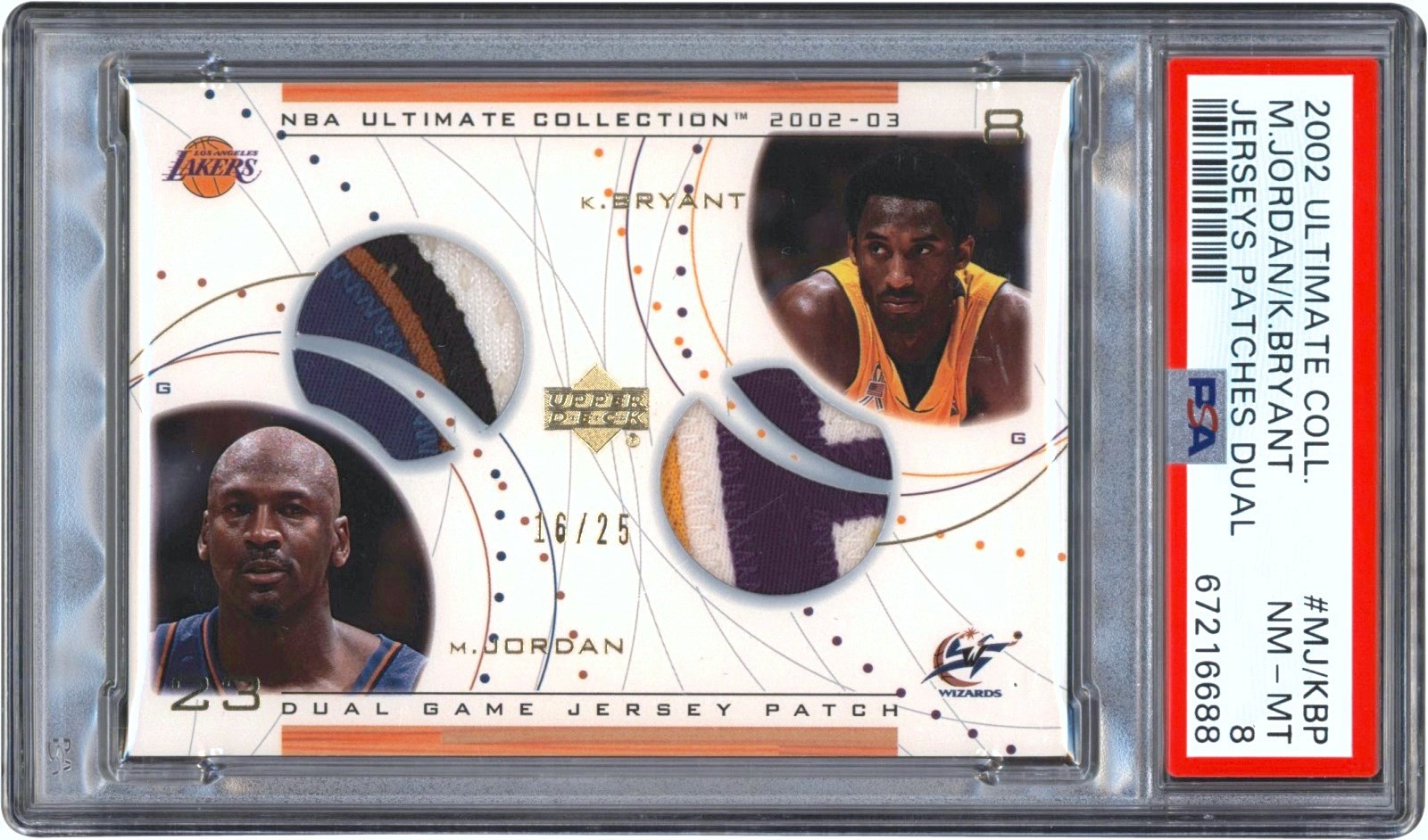 Basketball Cards - 2002-2003 Ultimate Collection Basketball Jerseys Patches Dual #MJ/KBP Michael Jordan & Kobe Bryant Game Used Patch with Kobe Letter Swatch! #16/25 PSA NM-MT 8 (Pop 1 of 1 Highest Graded)