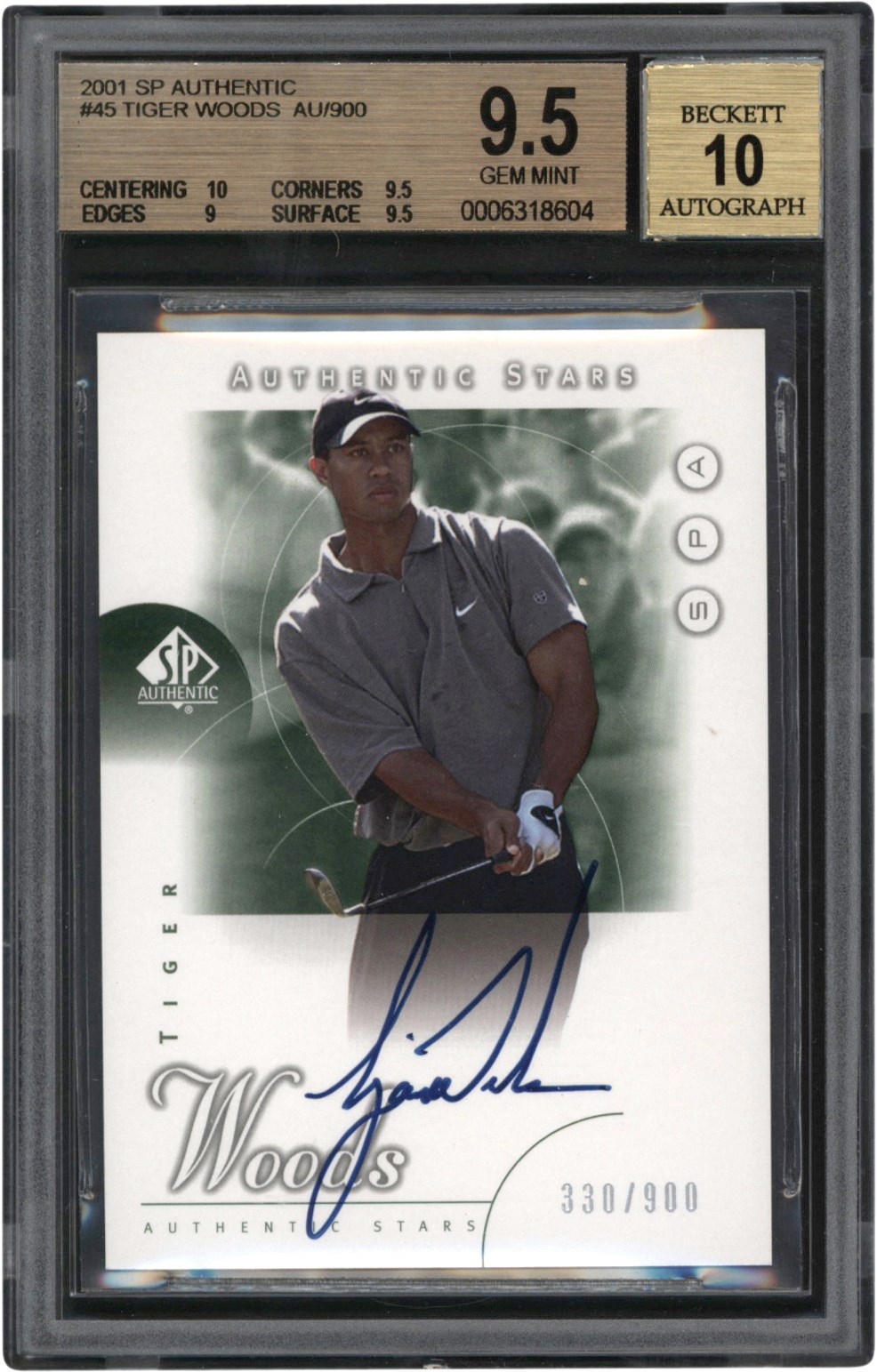 - 2001 SP Authentic Golf #45 Tiger Woods Autograph Rookie Card #330/900 BGS GEM MINT 9.5 Auto 10