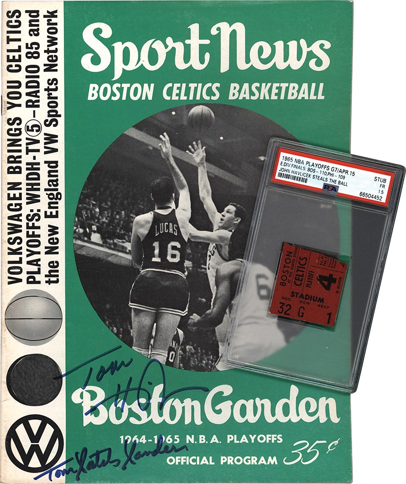 - 1965 NBA Finals Game 7 "Havlicek Stole The Ball" Signed Program and Ticket Stub PSA PR 1.5 (Only Known Example)